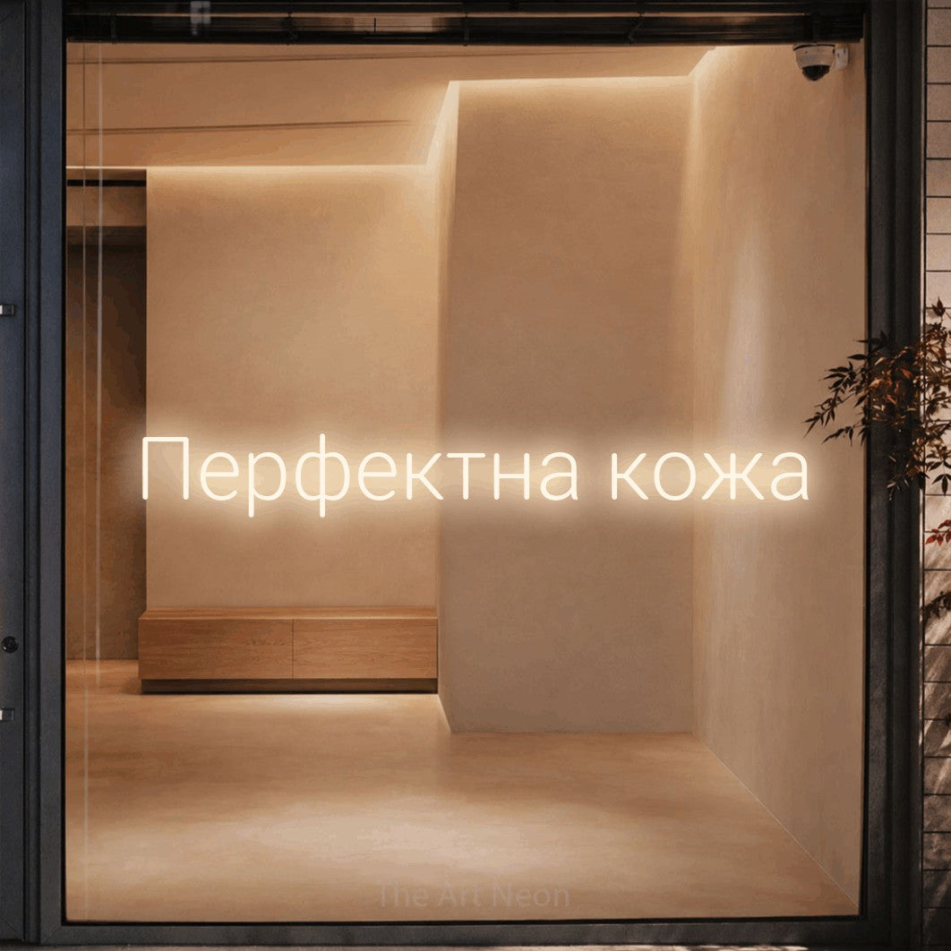 LED neon sign reading “Перфектна кожа”, arranged in a single line.
