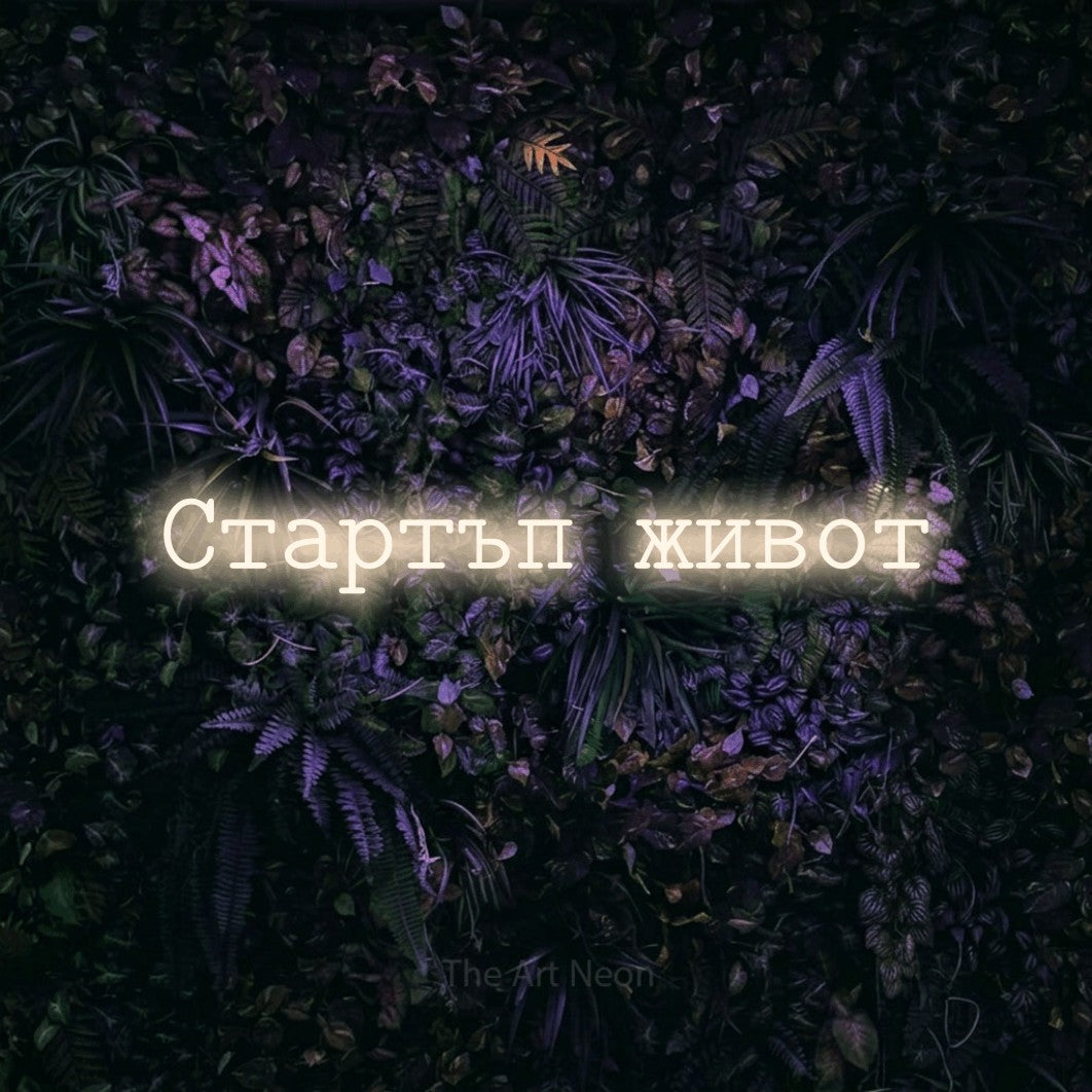 LED neon sign reading “Стартъп живот”, arranged in a single line.