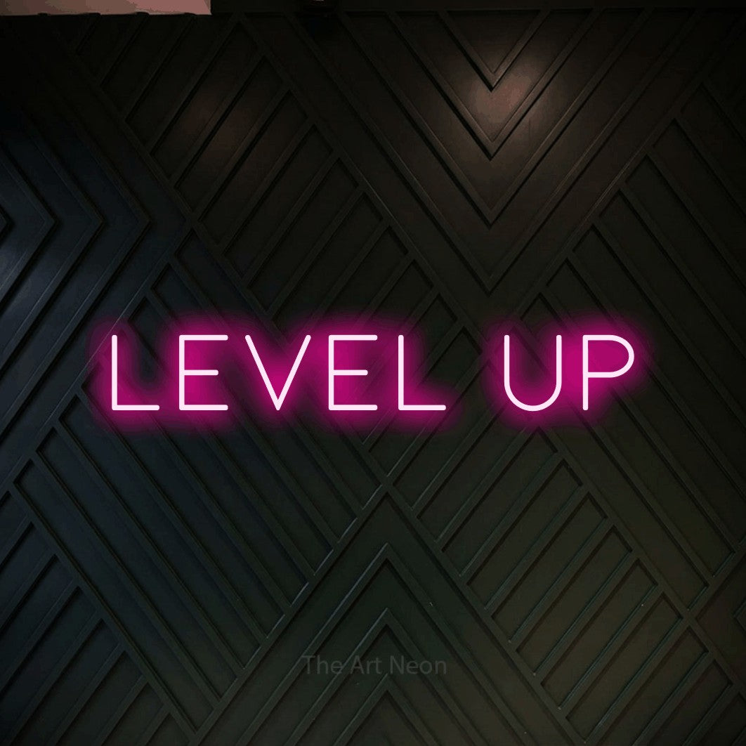 LED neon sign reading “LEVEL UP”, arranged in a single line.