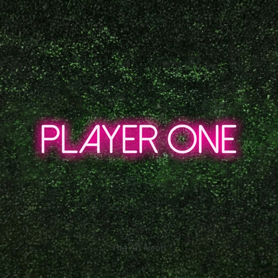 LED neon sign reading “Player one”, arranged in a single line.