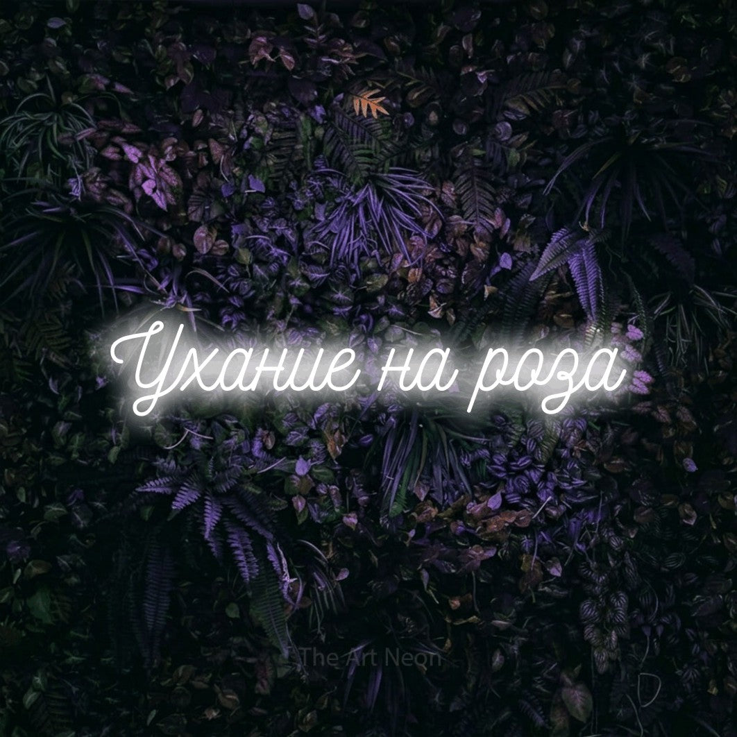 LED neon sign reading “Ухание на роза”, arranged in a single line.