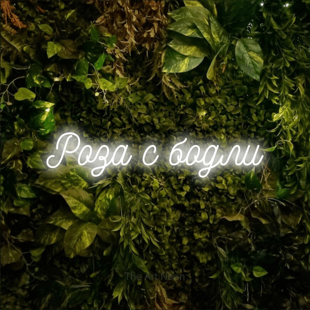 LED neon sign reading “Роза с бодли”, arranged in a single line.