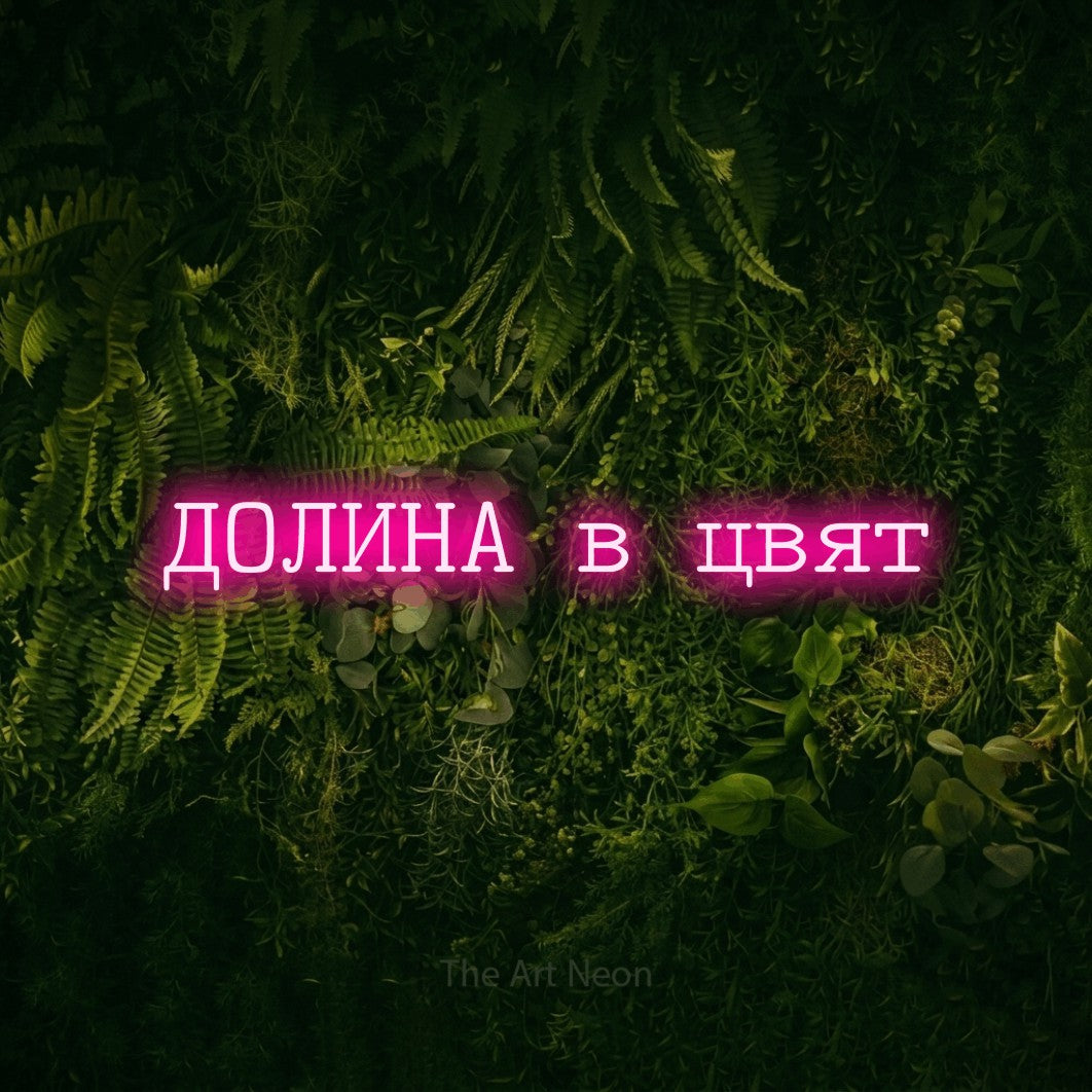 LED neon sign reading “ДОЛИНА в цвят”, arranged in a single line.