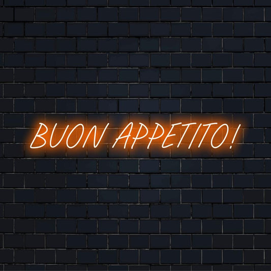 Buon Appetito! Προσαρμοσμένη πινακίδα νέον LED. ευέλικτη διακόσμηση νέον, ιδανική για φωτισμό κουζινών ή τραπεζαριών.