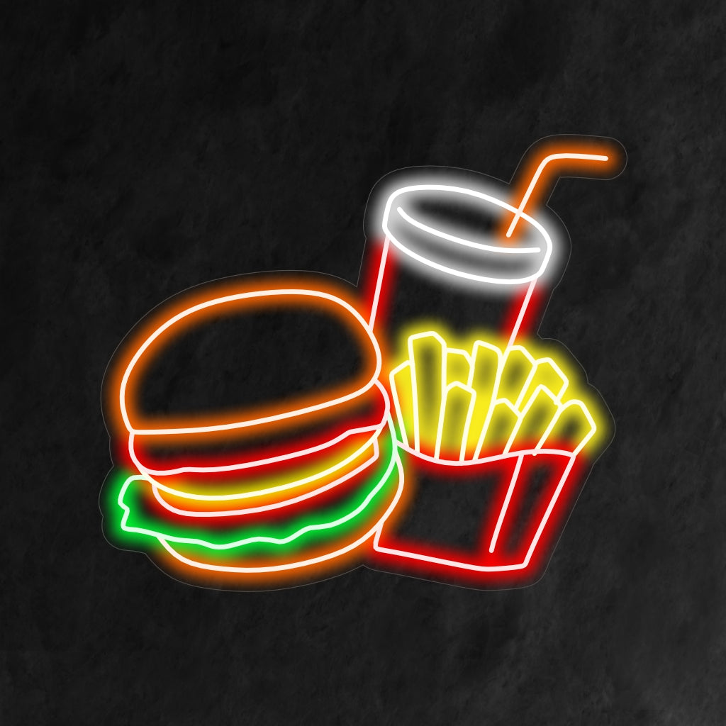 L'insegna al neon "Burger French Fries and Coke" è un'aggiunta appetitosa agli interni del tuo ristorante. Una luce al neon che mette in risalto la classica combinazione di hamburger, patatine fritte e Coca-Cola.