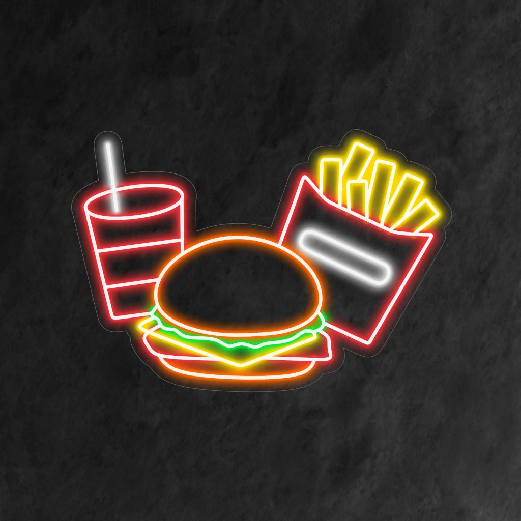 "Insegna al neon con hamburger, patatine fritte e bibita": una deliziosa luce al neon raffigurante i simboli iconici di un hamburger, patatine fritte e una bibita, che infonde un'atmosfera di delizia e amore per i classici piatti del fast food nel tuo ristorante o spazio fast food.