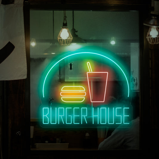 "Burger House Neon Sign" - A lively neon light featuring the words "Burger House," infusing energy and a love for delicious burgers into your burger joint or restaurant.