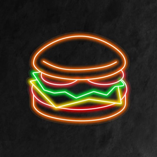 "Burger Neon Sign" lights up your space with a mouthwatering neon representation of a classic burger. Perfect for adding a touch of retro diner charm to your kitchen or restaurant.