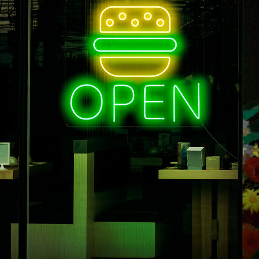 "Burger Open Neon Sign" - An inviting neon light featuring the words "Burger Open," infusing energy and signaling that your establishment is ready to serve delicious burgers.