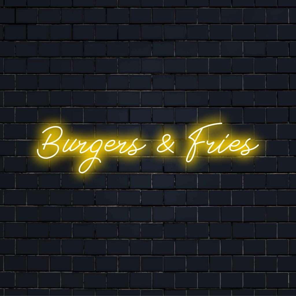 Custom-made LED neon sign featuring Burgers And Fries text in playful font, ideal for restaurant decor or game room lighting.