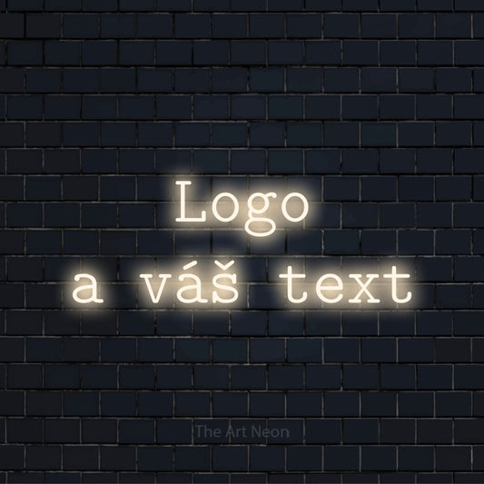 Neonový nápis na míru „Logo a váš text“ na černé cihlové zdi
