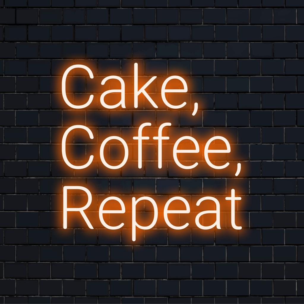 Insegna al neon LED personalizzata con la frase Torta, Caffè, Ripeti in colori vivaci; perfetta per una moderna decorazione murale.