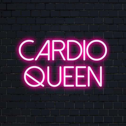 Custom LED neon sign reading Cardio Queen with elegant cursive, ideal for workout spaces or gym-inspired decor.