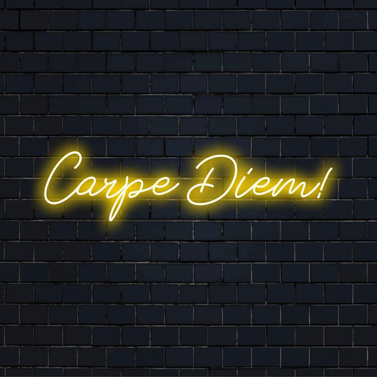 Handcrafted LED neon sign with Carpe Diem! phrase, perfect for a motivational neon light display in any space.