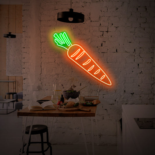 "Carrot Neon Sign" - A playful neon light featuring the whimsical symbol of a carrot, infusing a lively atmosphere and celebrating a love for fresh produce into your kitchen or vegetable-themed interior.