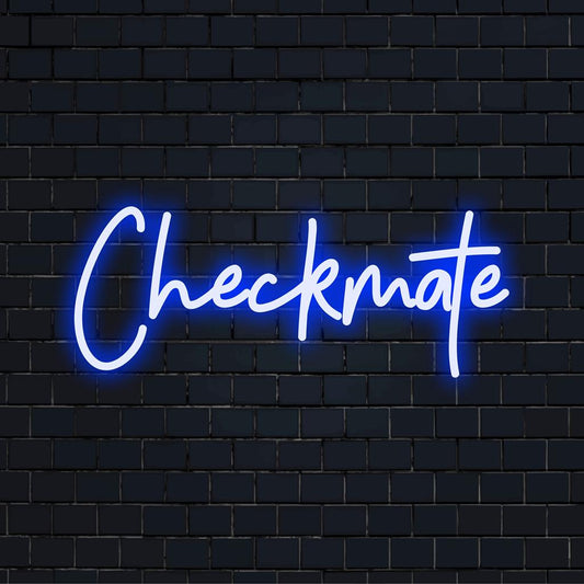 Bespoke LED neon sign featuring the words Checkmate in elegant script, adding charm to your space; perfect neon light decor.