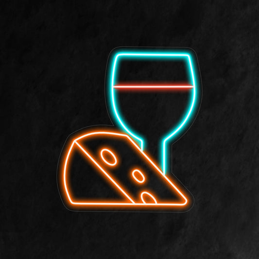 "Cheese With Wine Neon Sign" – A tasteful and sophisticated neon light showcasing the delightful combination of cheese and wine, adding warmth and charm to your kitchen or dining space.