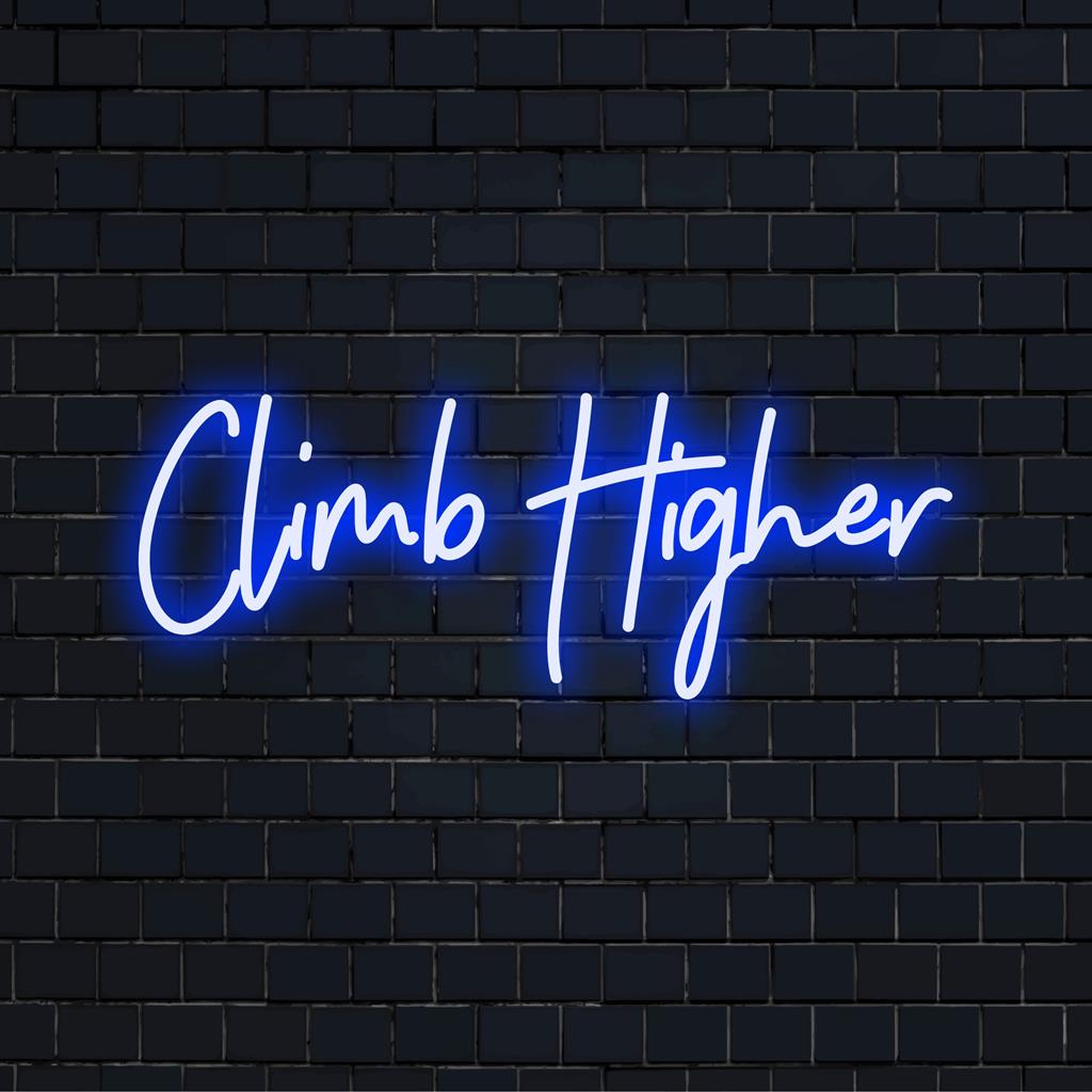 Custom LED neon sign reading Climb Higher in stylish font with glowing blue hues perfect for motivational wall art.