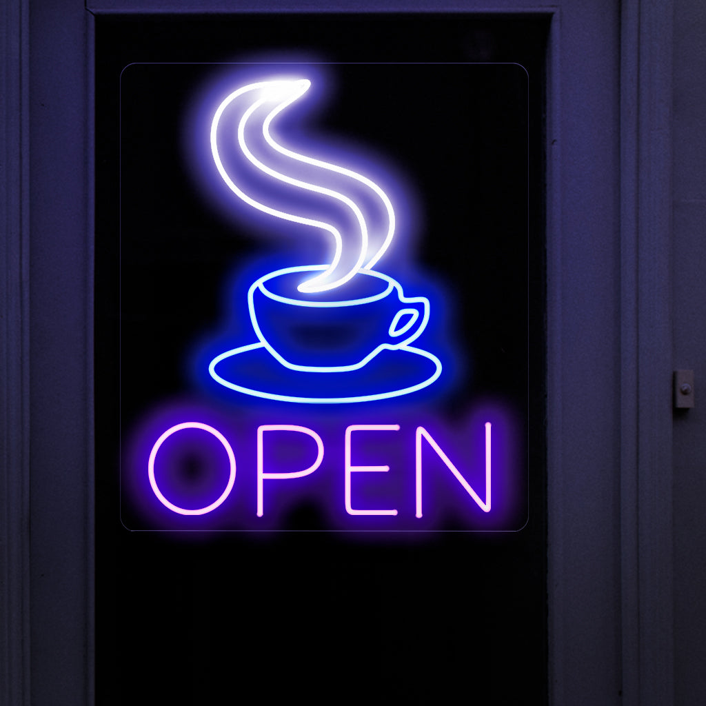 "Coffee Cup Open Neon Sign" – A welcoming and caffeinated neon light showcasing an open coffee cup design, infusing your coffee shop or cozy corner with a warm and inviting ambiance.