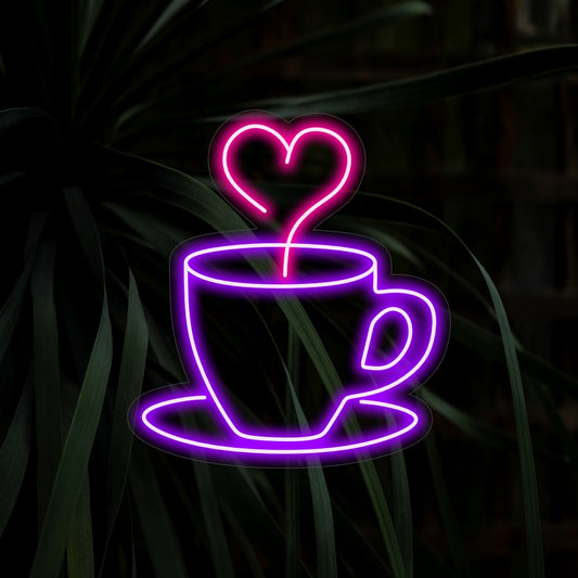 "Coffee Cup With Heart Smoke Neon Sign" – A romantic and aromatic neon light showcasing a coffee cup with heart-shaped smoke, infusing your coffee shop or cozy corner with a charming and inviting ambiance.