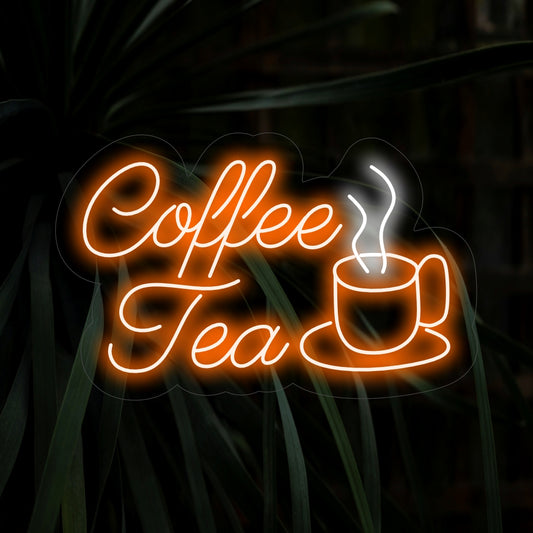 "Coffee & Tea With Cup Logo Neon Sign" – A cozy and inviting neon light showcasing a cup logo, infusing your coffee shop or tea corner with a warm and aromatic ambiance.