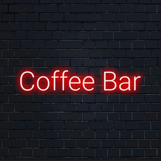 Custom-made LED neon sign with the words Coffee Bar, perfect for café decor and personalized wall art lighting.