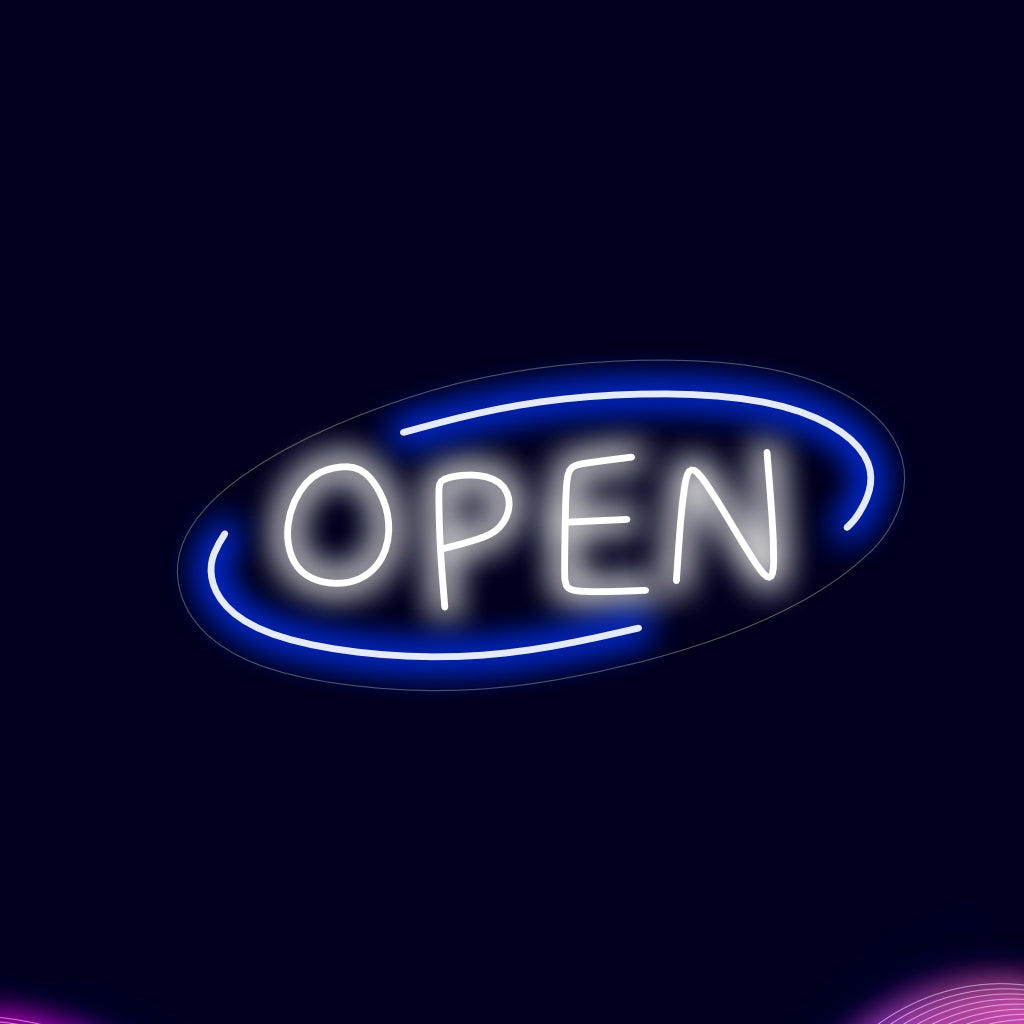 „Farbenfrohes „Geöffnet“-Neonschild“ – Ein leuchtendes Neonlicht mit der Aufschrift „Geöffnet“ verleiht Ihrer Ladenfront eine lebendige und einladende Atmosphäre.