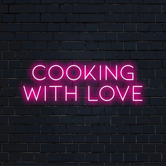 Custom LED neon sign displaying Cooking With Love in vibrant colors, perfect for kitchen decor or gifts.