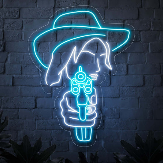 "Cowgirl Pointing Gun Neon Sign" – A bold neon light showcasing a cowgirl silhouette, infusing your space with daring energy.