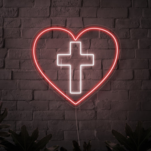 "Cross and Heart Neon Sign" – A spiritual neon light showcasing a symbolic cross and heart, infusing your space with warmth.