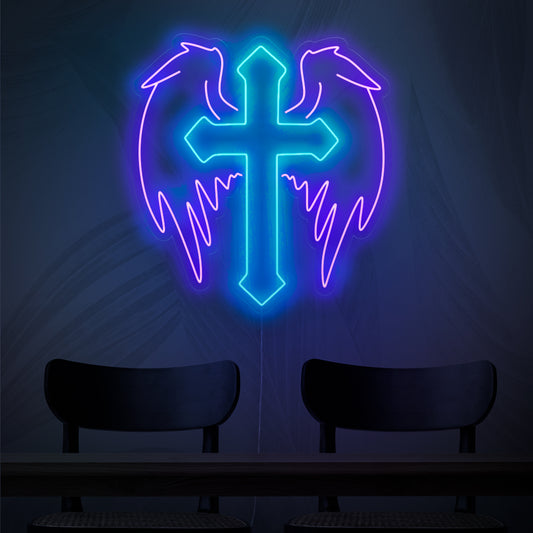 "Cross with Angel Wings Neon Sign" – An angelic and spiritual neon light showcasing a cross adorned with angel wings, infusing your space with serenity and heavenly charm.