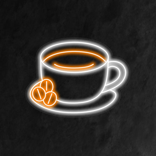 "Cup On A Dish With Coffee Neon Sign" – A cozy and inviting neon light showcasing a cup on a dish with coffee, infusing your coffee corner or cafe with a warm and aromatic ambiance.