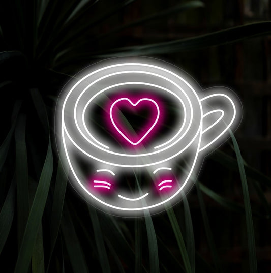 "Cute Happy Coffee Cup With Heart Neon Sign" illuminating your space with joy, a perfect addition to your coffee corner.
