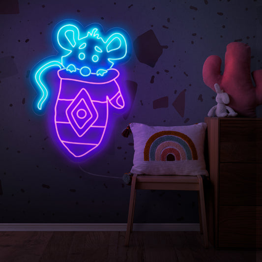 "Cute Mouse In A Mitten Neon Sign" bringing warmth and charm to your winter setting, a delightful decor choice.