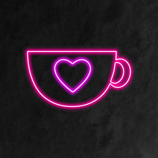 "Cute Mug With A Heart Neon Sign" is an adorable and charming addition to your cafe interior. A neon light that features a cute mug with a heart, creating a warm and inviting atmosphere.