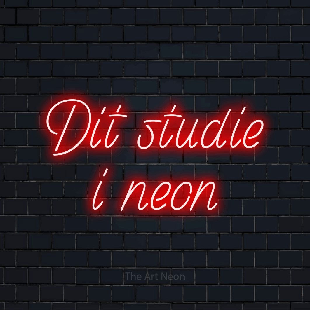 Personligt neonskilt med teksten “Dit studie i neon” på en sort murstensvæg