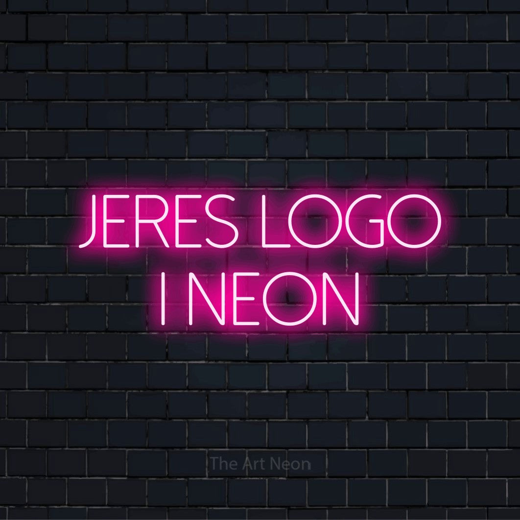 Personligt neonskilt med teksten “Jeres logo i neon” på en sort murstensvæg