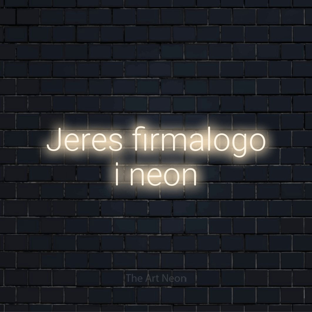 Personligt neonskilt med teksten “Jeres firmalogo i neon” på en sort murstensvæg