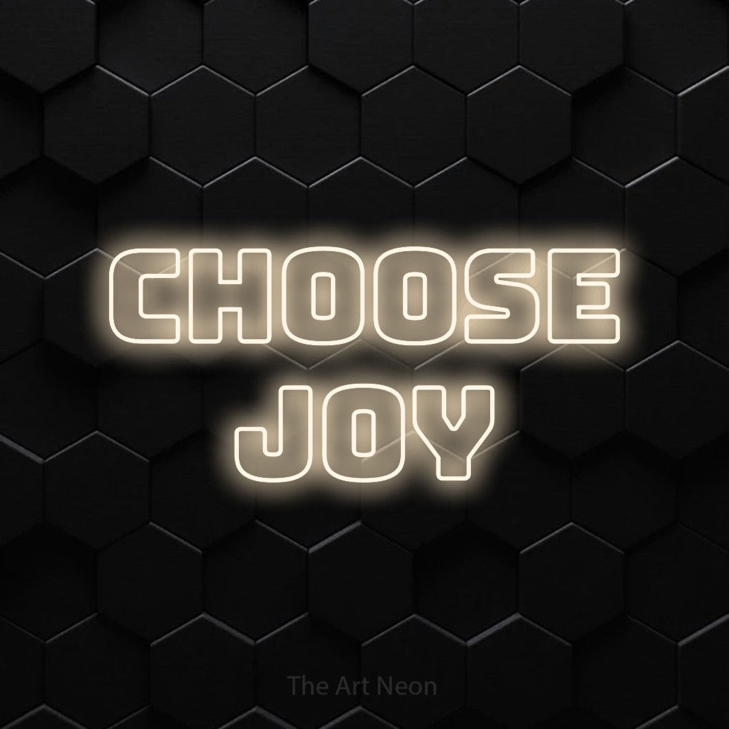LED neon sign reading “Choose Joy”, arranged in 2 lines.