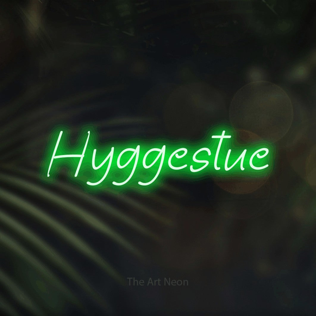 LED neon sign reading “Hyggestue”, arranged in a single line.