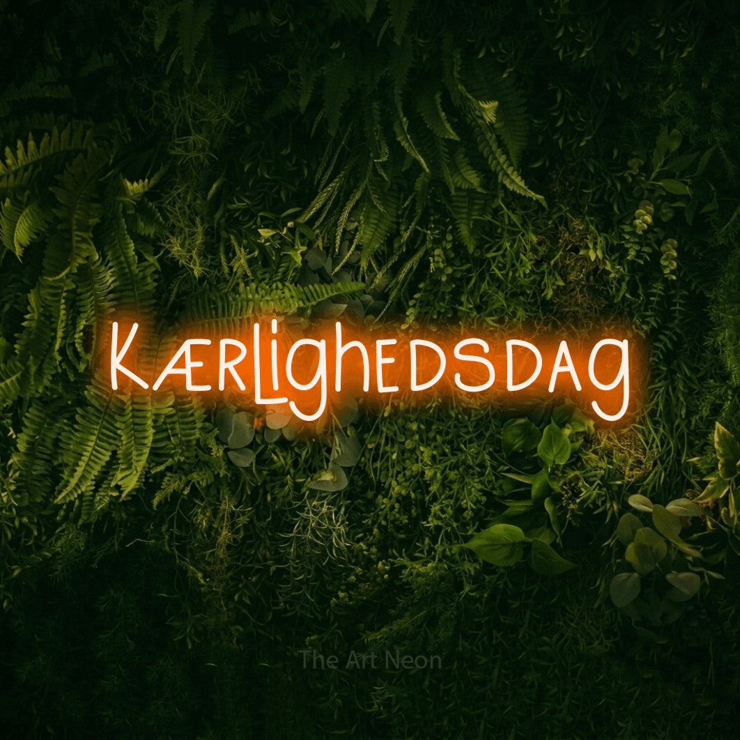 LED neon sign reading “Kærlighedsdag”, arranged in a single line.