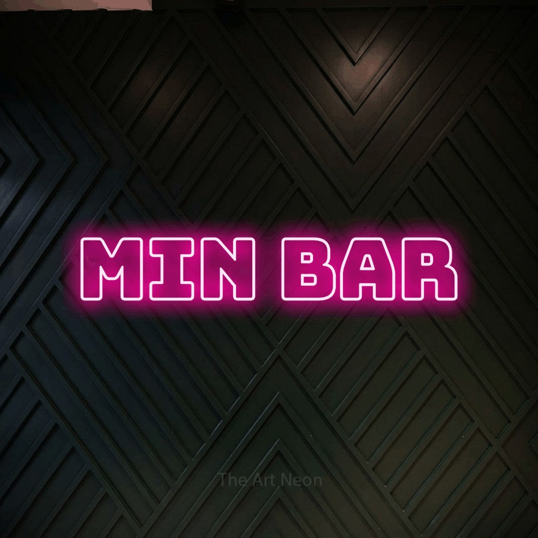 LED neon sign reading “MIN BAR”, arranged in a single line.