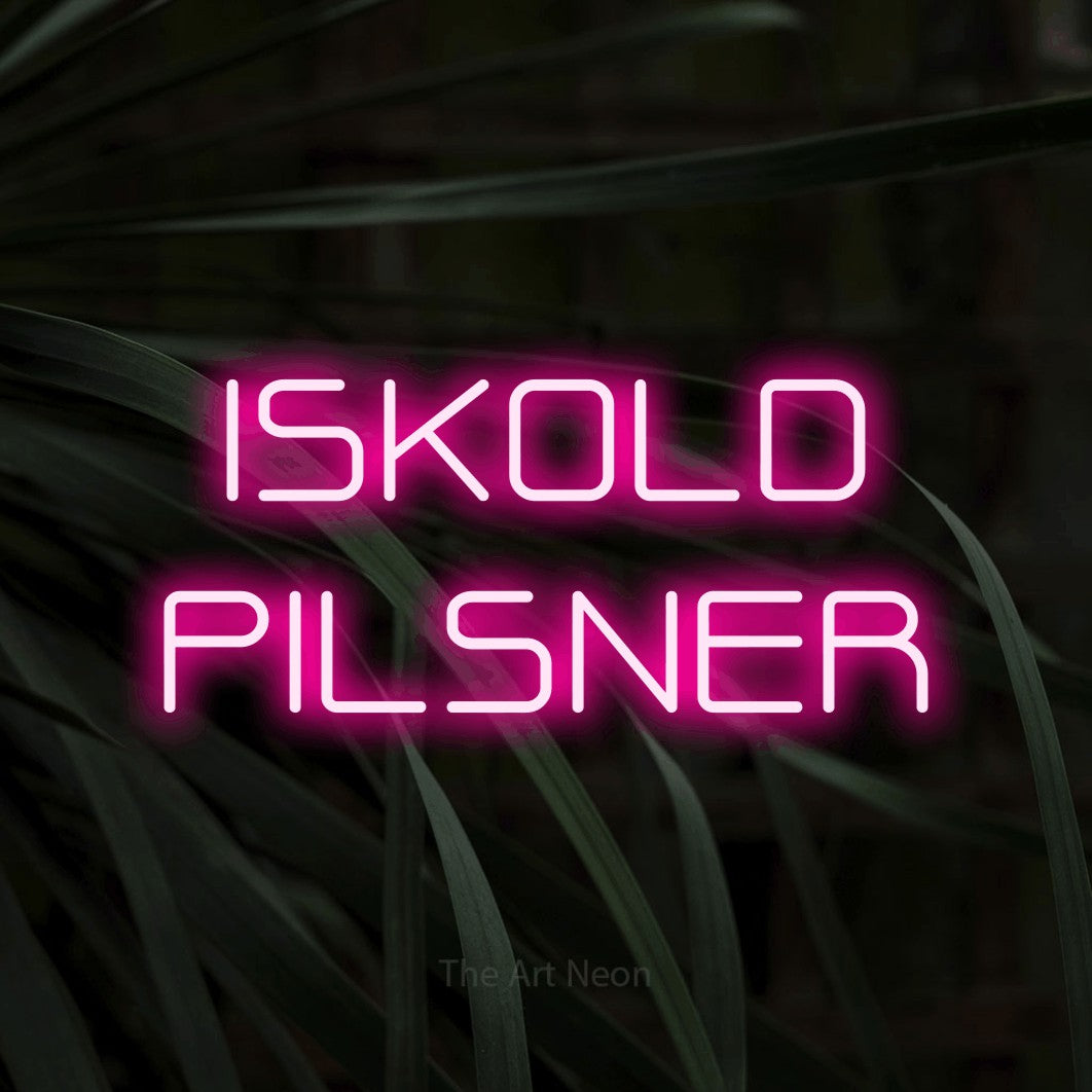 LED neon sign reading “ISKOLD PILSNER”, arranged in 2 lines.