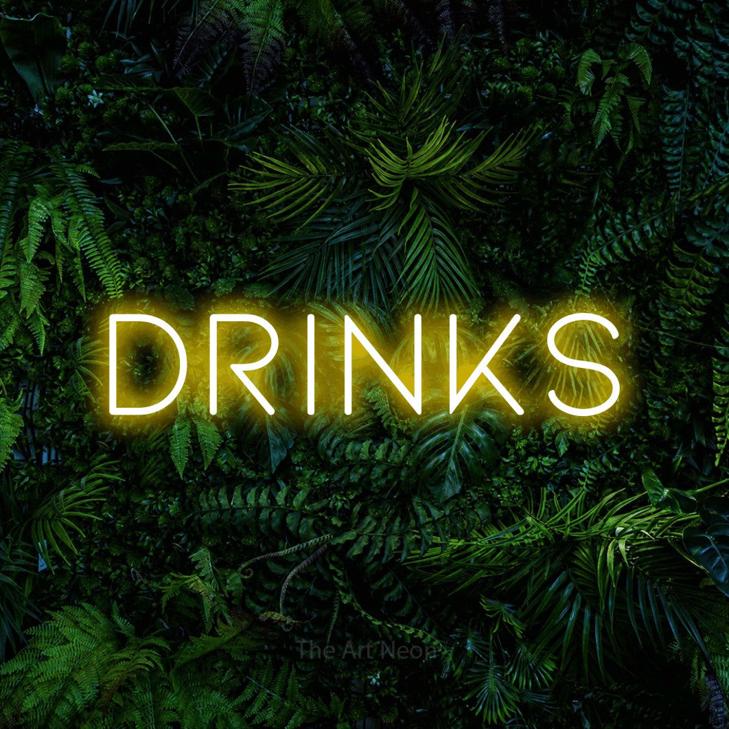 LED neon sign reading “drinks”, arranged in a single line.