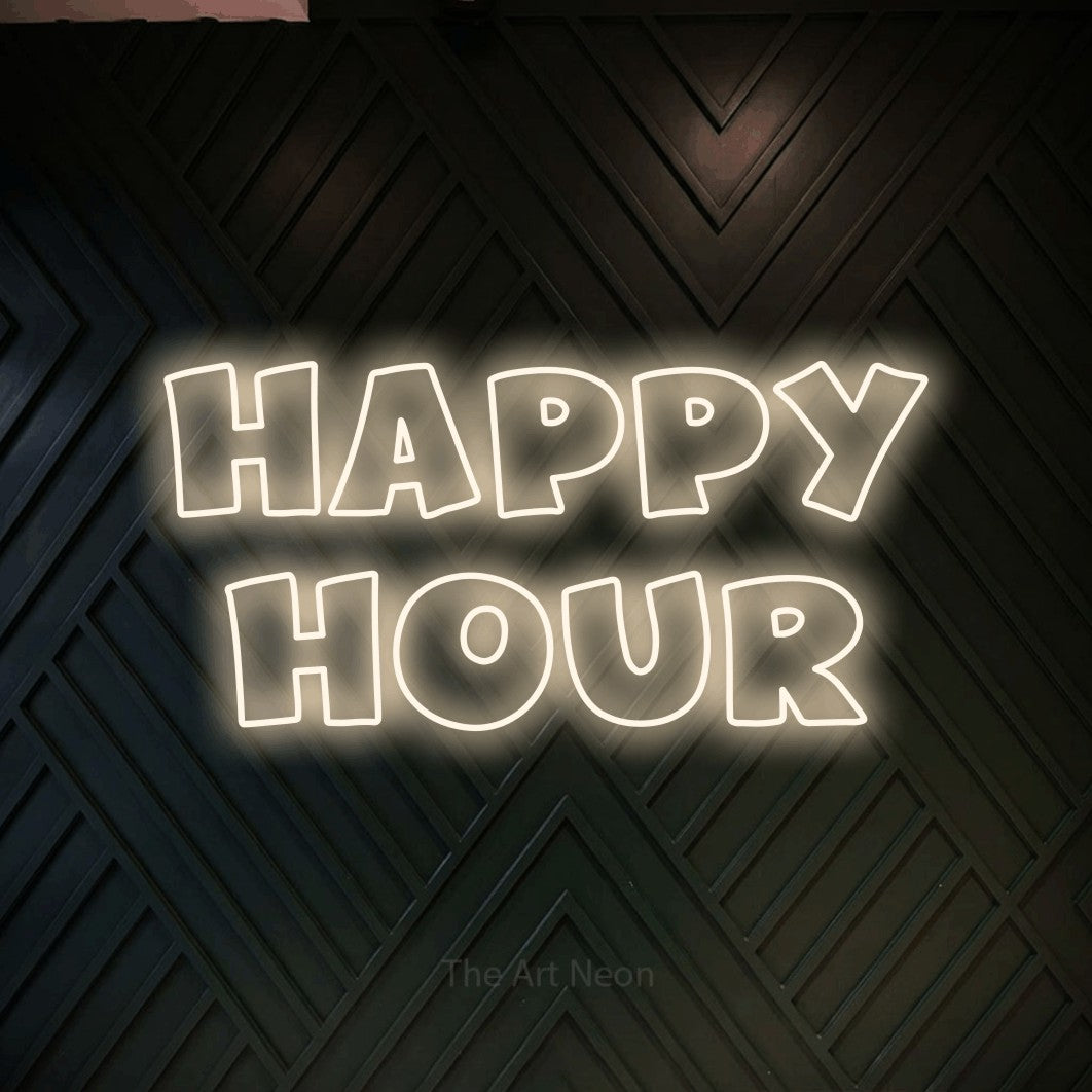 LED neon sign reading “happy hour”, arranged in 2 lines.