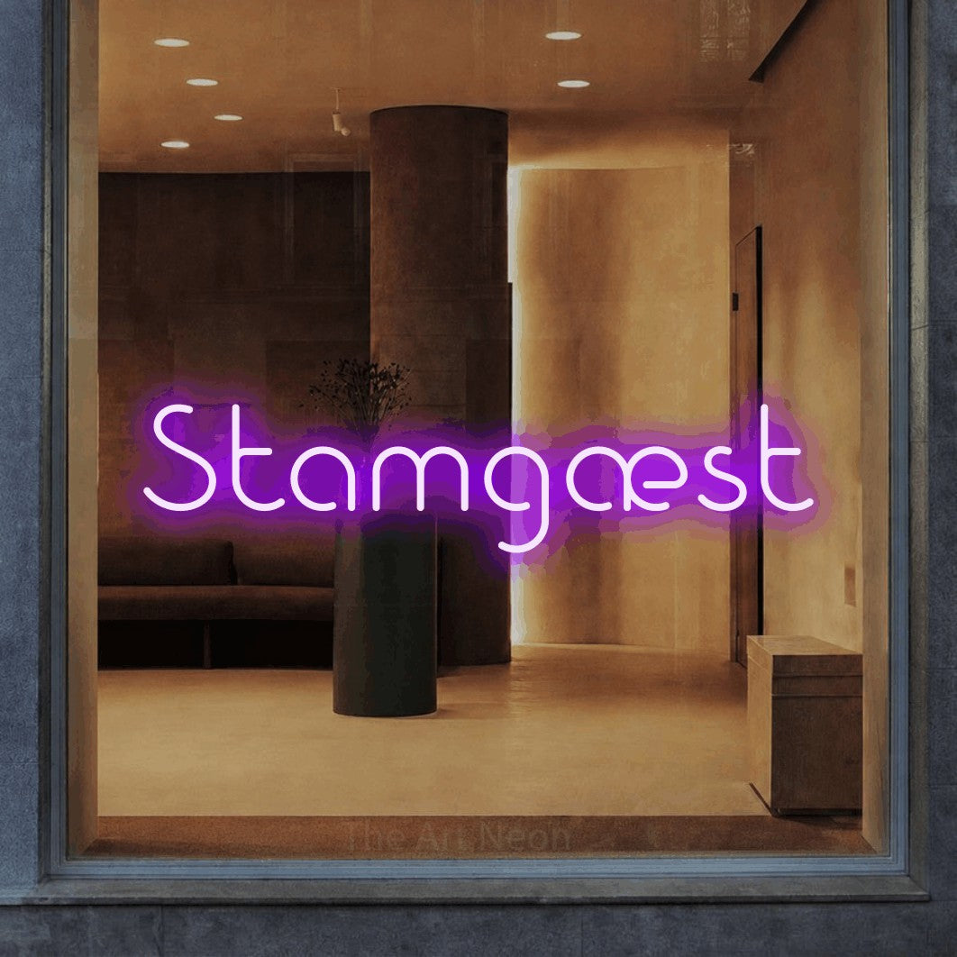 LED neon sign reading “Stamgæst”, arranged in a single line.