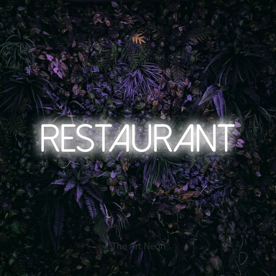 LED neon sign reading “Restaurant”, arranged in a single line.