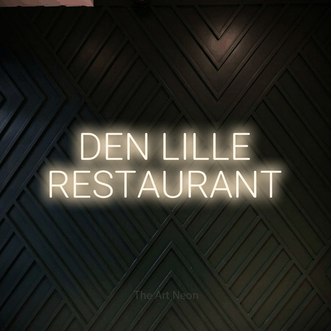 LED neon sign reading “DEN LILLE RESTAURANT”, arranged in 2 lines.