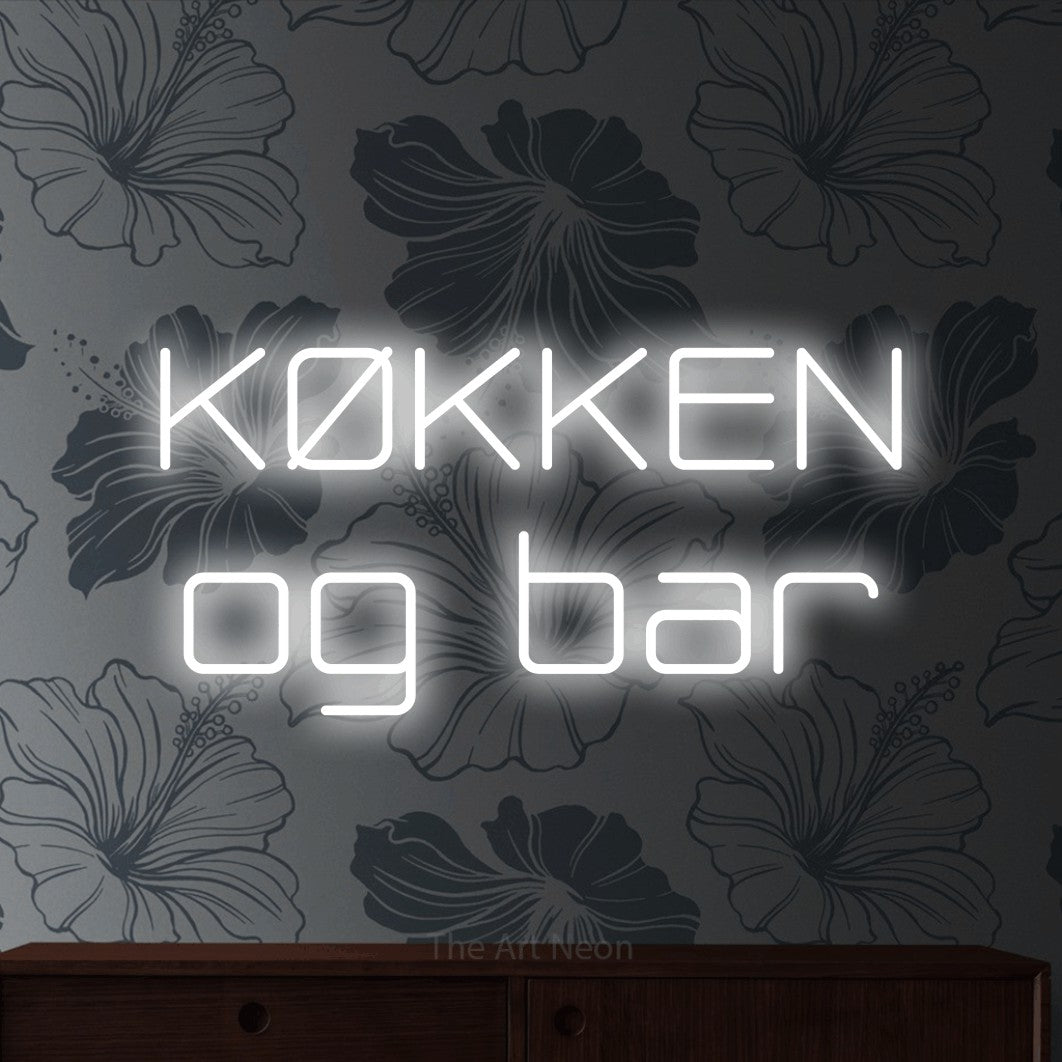 LED neon sign reading “KØKKEN og bar”, arranged in 2 lines.