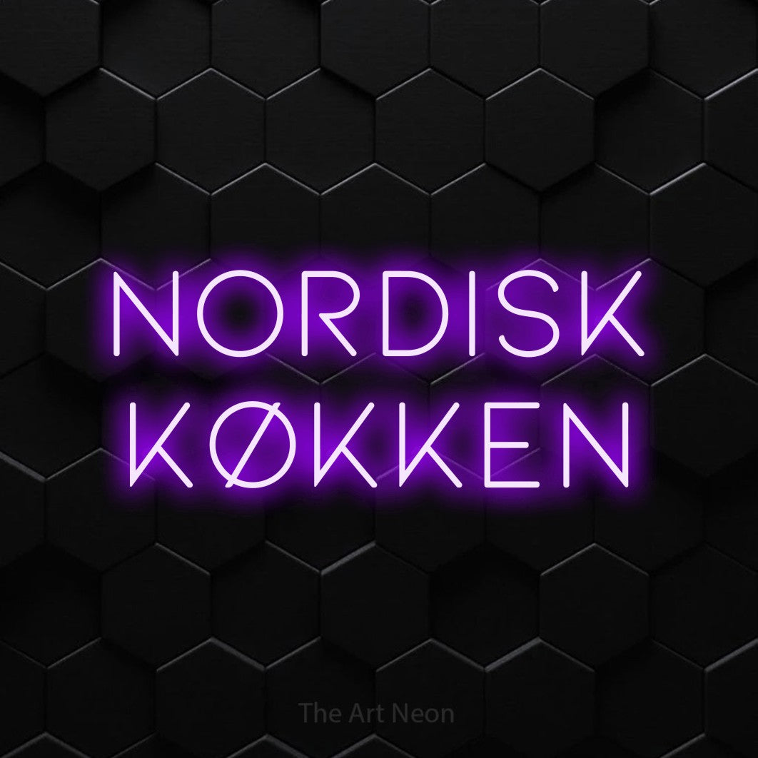 LED neon sign reading “NORDISK KØKKEN”, arranged in 2 lines.